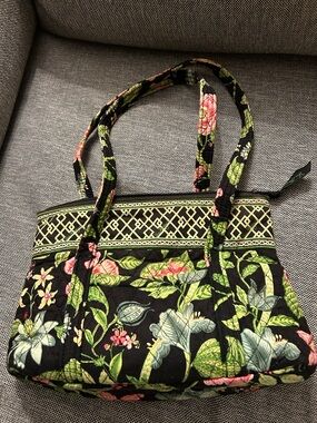 Vera Bradley Black Quilted Shoulder Bag with Green and Pink Floral Print